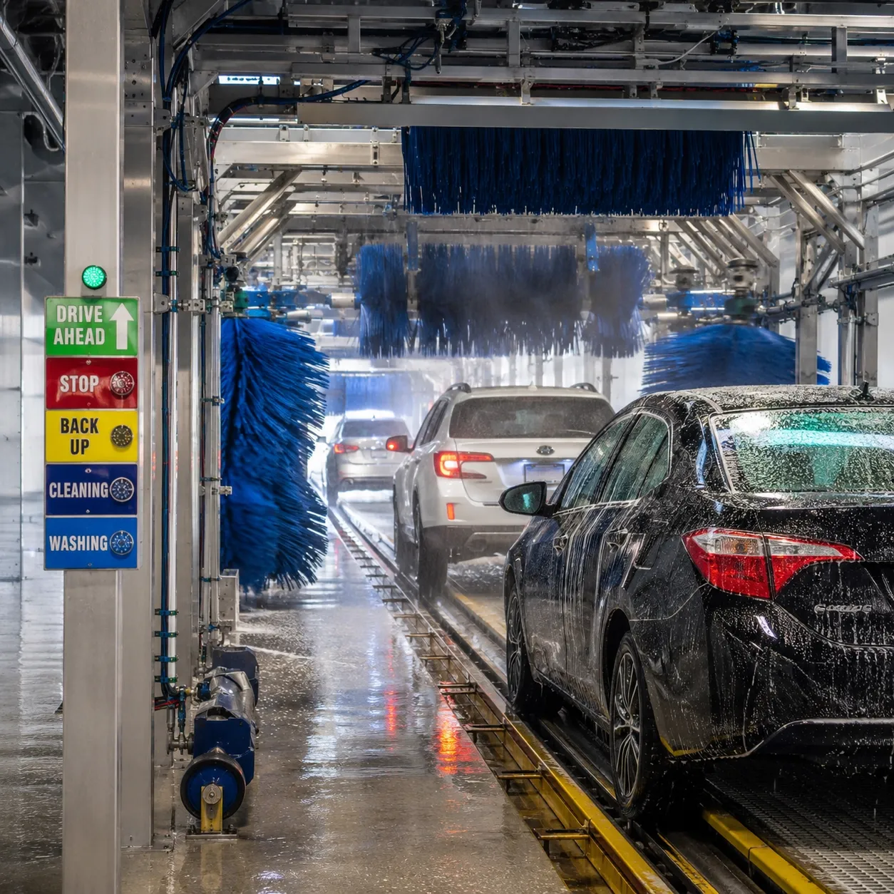 Photoelectric sensor system inside a commercial car wash tunnel detecting vehicle position for wash control
